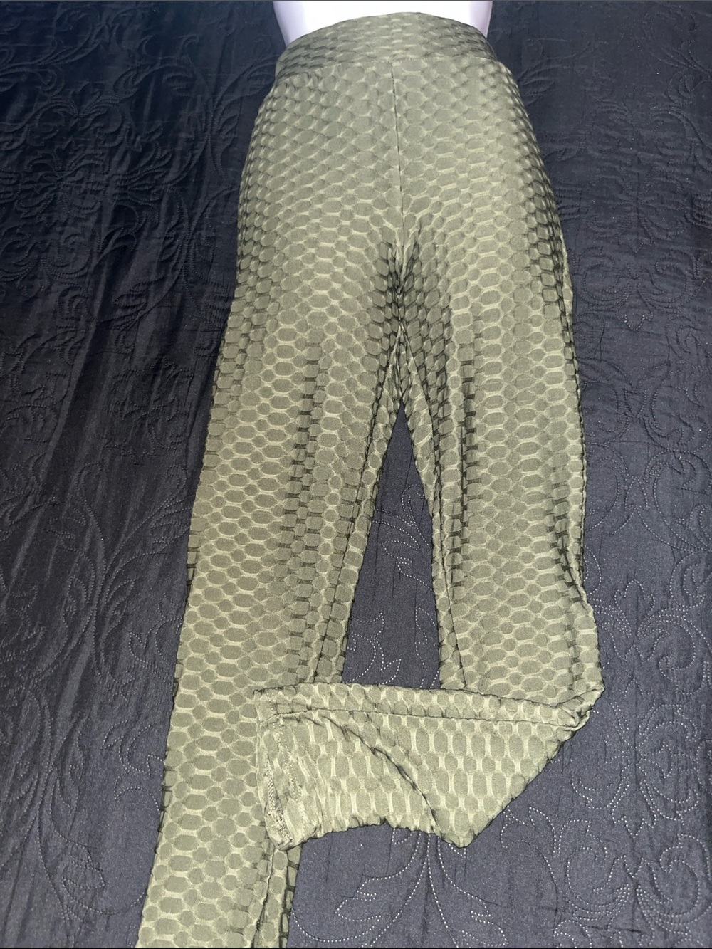 Textured Olive Green High-Waist Leggings